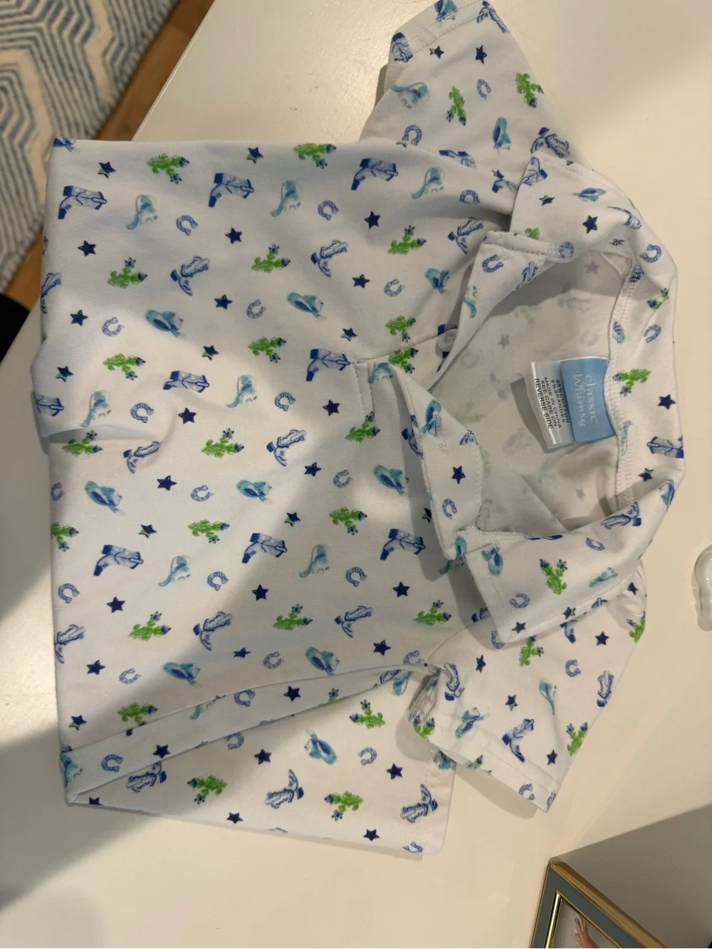 Soft White Kids Pajama Top with Blue and Green Animal Print - Classic Pullover